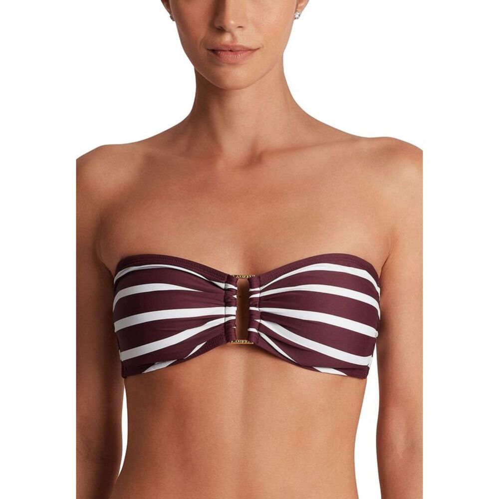 Lauren Ralph Lauren Womens Striped Ring-Front Bandeau Bikini Top 16 Claret - NWT